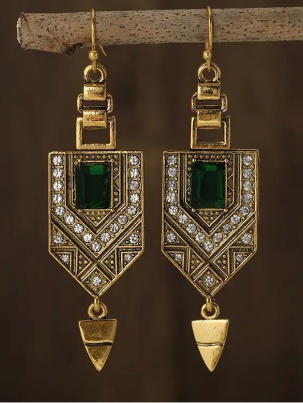 Anthopologie Gold-Tone Geometric Drop Earrings with Emerald Green Crystal